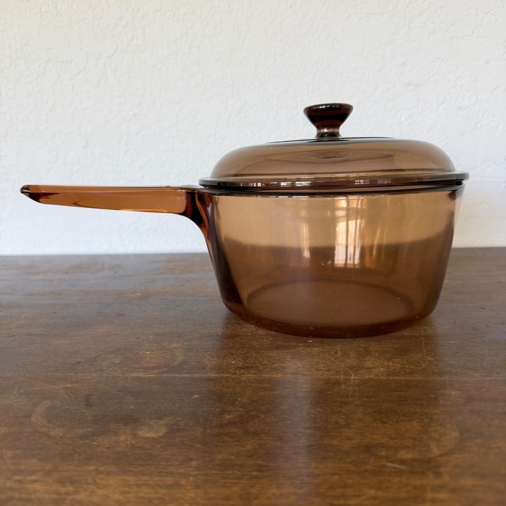 Vintage Corning Visions Pyrex Amber Glass 1.5 Liter Saucepan with Lid USA